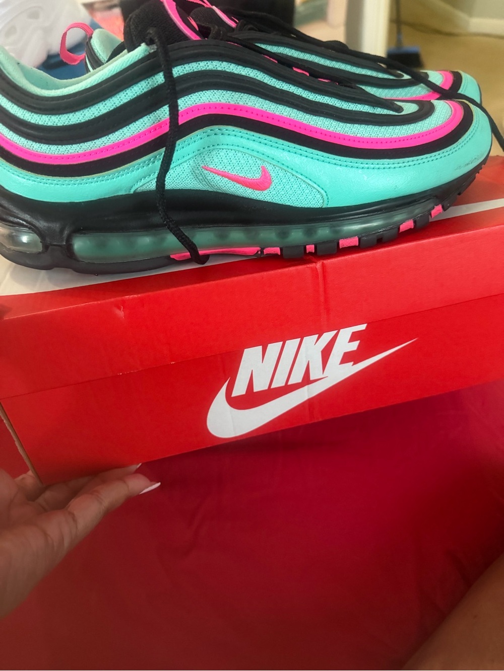 Nike Women's Air Max 97 in Teal with Pink Accents - Picture 2 of 5